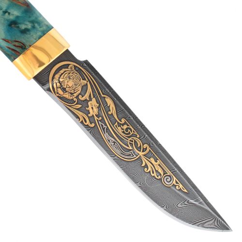 Нож «Немецкий барон» Н3-Л, сталь черный дамаск (У10А-7ХНМ), рукоять: золото, стабилизированная береза, литьё, рисованный клинок в золоте, тигр