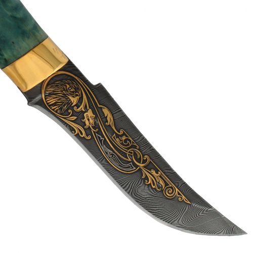 Нож «Баскардия» Н27-Л, сталь черный дамаск (У10А-7ХНМ), рукоять: золото, стабилизированная береза, литьё, рисованный клинок в золоте