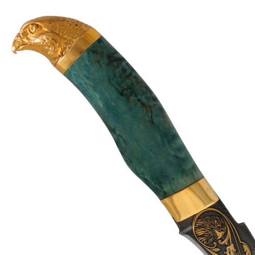 Нож «Баскардия» Н27-Л, сталь черный дамаск (У10А-7ХНМ), рукоять: золото, стабилизированная береза, литьё, рисованный клинок в золоте