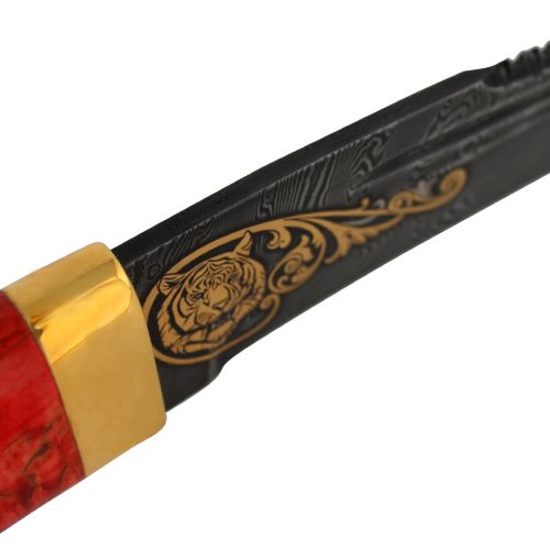 Нож «Поединок» Н64-Л, сталь: черный дамаск (У10А-7ХНМ), рукоять: золото, стабилизированная береза, литьё, рисованный клинок в золоте
