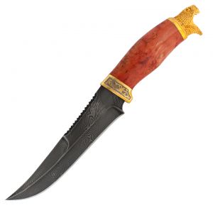 Нож «Свита Ундины» Н69-Л, сталь черный дамаск (У10А-7ХНМ), рукоять: золото, литьё, стабилизированная береза, резная гарда, рисованный клинок в золоте