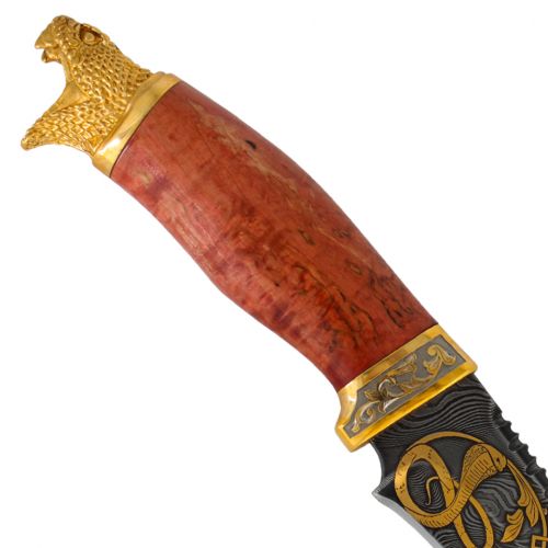 Нож «Свита Ундины» Н69-Л, сталь черный дамаск (У10А-7ХНМ), рукоять: золото, литьё, стабилизированная береза, резная гарда, рисованный клинок в золоте