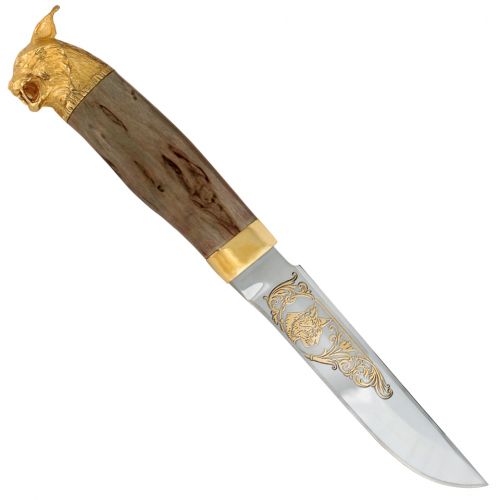 Нож «Немецкий барон» Н3-Л, сталь ЭИ-107, рукоять: золото, стабилизированная береза, литьё, рисованный клинок в золоте, рысь