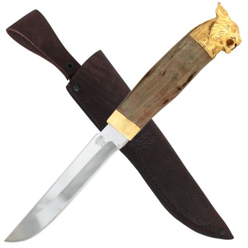 Нож «Немецкий барон» Н3-Л, сталь ЭИ-107, рукоять: золото, стабилизированная береза, литьё, рисованный клинок в золоте, рысь