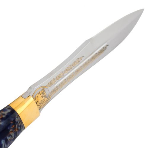 Нож «Лесная хитрость» Н91 сталь ЭИ-107 рукоять: золото, стабилизированная береза, литьё, рисованный клинок в золоте