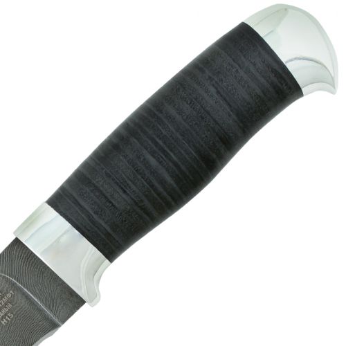 Нож охотничий, туристический Н15, сталь нержавеющий дамаск (40Х13-Х12МФ1), рукоять: дюраль, кожа наборная