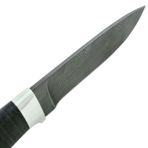 Нож охотничий, туристический Н15, сталь нержавеющий дамаск (40Х13-Х12МФ1), рукоять: дюраль, кожа наборная