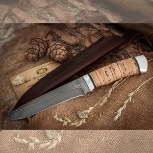Нож охотничий, туристический «Мичман» Н1Т, сталь черный дамаск (У10А-7ХНМ), рукоять: дюраль, береста