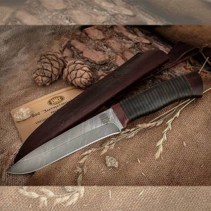 Нож охотничий, туристический «Мичман» Н1Т, сталь черный дамаск (У10А-7ХНМ), рукоять: текстолит, кожа