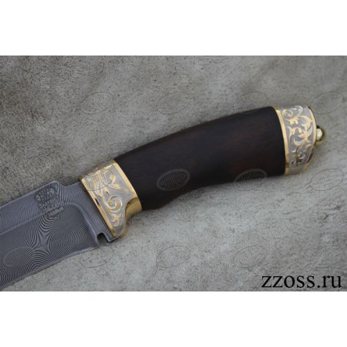 Нож «Турецкий гамбит» Н2-П, сталь черный дамаск (У10А-7ХНМ), рукоять: золото, орех морёный, резная гарда и тыльник, рисованный клинок в золоте