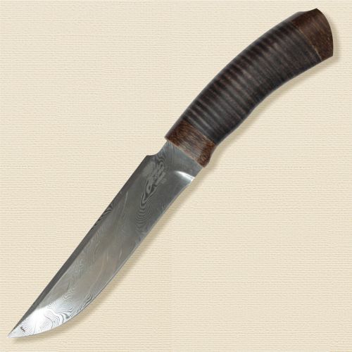 Нож разделочный, шкуросъёмный «Гумбольт» Н3, сталь контрастный дамаск (65Г-Х12МФ1), рукоять: текстолит, кожа наборная