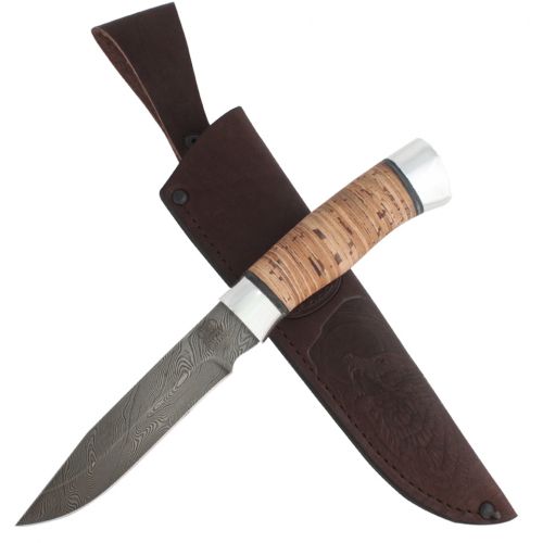 Нож охотничий, туристический «Робинзон» Н33, сталь черный дамаск (У10А-7ХНМ), дюраль, береста наборная