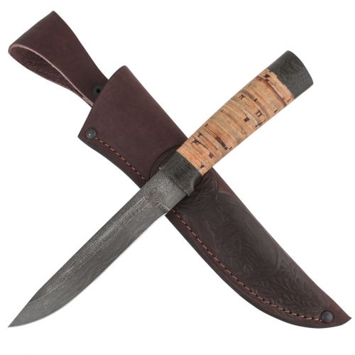 Нож охотничий, туристический «Сталкер» Н58, сталь черный дамаск (У10А-7ХНМ), рукоять: текстолит, береста наборная