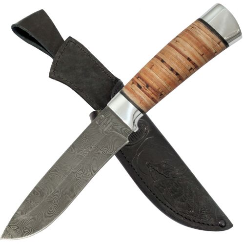 Нож охотничий, туристический «Александр II» Н6, сталь черный дамаск (У10А-7ХНМ), рукоять: дюраль, береста