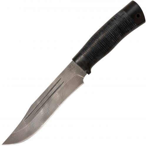 Нож охотничий, туристический «Спасатель» Н7,  сталь черный дамаск (У10А-7ХНМ), рукоять: текстолит, кожа