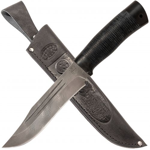 Нож охотничий, туристический «Спасатель» Н7,  сталь черный дамаск (У10А-7ХНМ), рукоять: текстолит, кожа