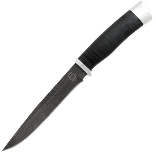 Нож охотничий, туристический «Батыр» НР12, сталь черный дамаск (У10А-7ХНМ), рукоять: дюраль, кожа