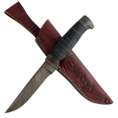 Нож туристический «Полярник» НР2, сталь: черный дамаск (У10А-7ХНМ), рукоять: текстолит, кожа