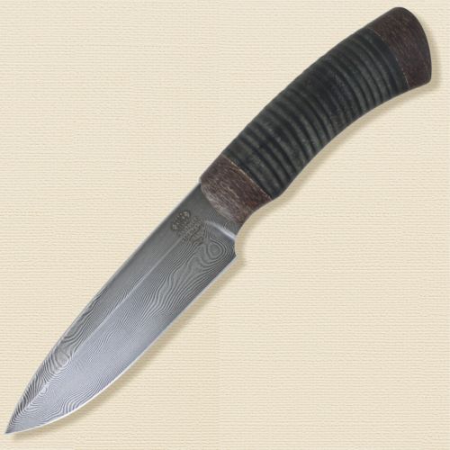 Нож охотничий, туристический «Милорд» НР3, сталь черный дамаск (У10А-7ХНМ), рукоять: текстолит, кожа наборная