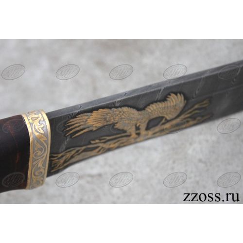 Нож «Таганайский лесник» Н5-P, сталь черный дамаск (У10А-7ХНМ), рукоять: золото, орех морёный, резная гарда и тыльник, рисованный клинок в золоте