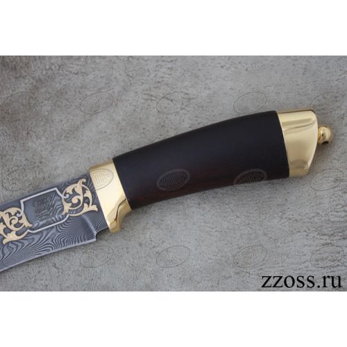 Нож «Александр II» Н6-П, сталь черный дамаск (У10А-7ХНМ), рукоять: золото, орех мореный, рисованный клинок в золоте