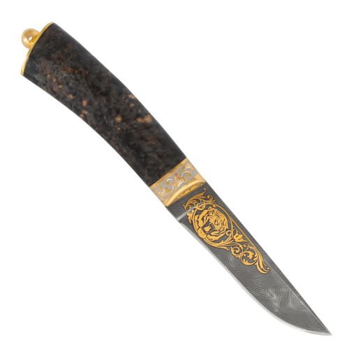 Нож «Старинный Тифлис» Н14, сталь черный дамаск (У10А-7ХНМ), золото, стабилизированная береза, рисованный клинок в золоте, одна резная гарда