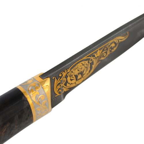 Нож «Старинный Тифлис» Н14, сталь черный дамаск (У10А-7ХНМ), золото, стабилизированная береза, рисованный клинок в золоте, одна резная гарда