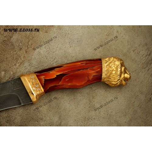 Нож «Лесной рейнджер» Н5-Л, сталь черный дамаск (У10А-7ХНМ), рукоять: золото, смола, резная гарда, литьё, рисованный клинок в золоте