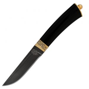 Нож «Старинный Тифлис» Н14, сталь черный дамаск (У10А-7ХНМ), золото, граб, рисованный клинок в золоте, одна резная гарда
