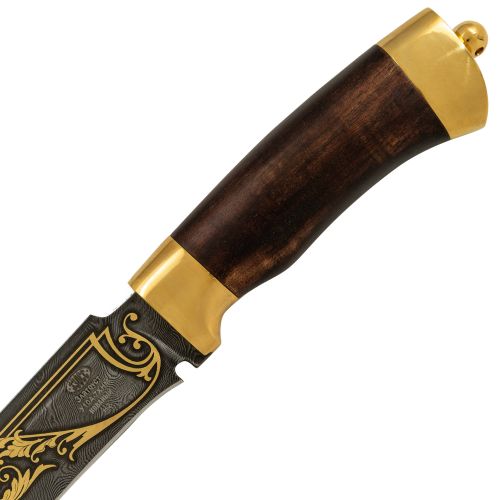 Нож «Турецкий гамбит» Н2-П, сталь черный дамаск (У10А-7ХНМ), рукоять: золото, орех морёный, рисованный клинок в золоте