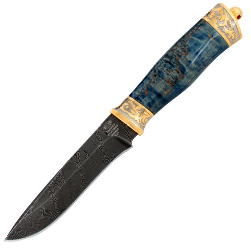 Нож подарочный «Царский ефрейтор» Н24-П, сталь черный дамаск (У10А-7ХНМ), рукоять: золото, стабилизированная береза, резная гарда и тыльник, рисованный клинок в золоте