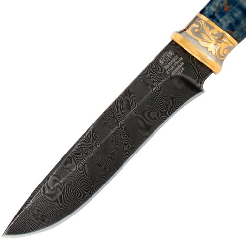 Нож подарочный «Царский ефрейтор» Н24-П, сталь черный дамаск (У10А-7ХНМ), рукоять: золото, стабилизированная береза, резная гарда и тыльник, рисованный клинок в золоте