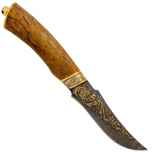 Нож «Башкорт» Н27-П, сталь У10А-7ХНМ, рукоять: золото, стабилизированная береза, резная гарда, рисованный клинок в золоте с тигром