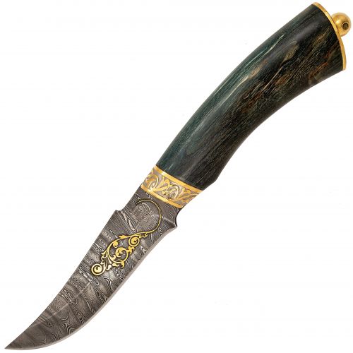 Нож «Башкорт» Н27-П, сталь У10А-7ХНМ, рукоять: золото, стабилизированная береза, резная гарда, рисованный клинок в золоте с кабаном
