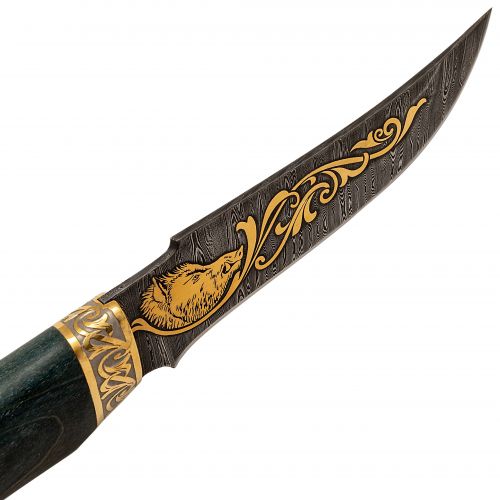 Нож «Башкорт» Н27-П, сталь У10А-7ХНМ, рукоять: золото, стабилизированная береза, резная гарда, рисованный клинок в золоте с кабаном
