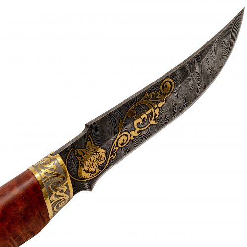 Нож «Башкорт» Н27-П, сталь У10А-7ХНМ, рукоять: золото, стабилизированная береза, резная гарда, рисованный клинок в золоте с рысью