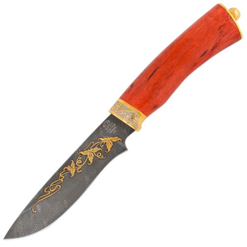 Нож «Беркут» Н29, сталь: У10А-7ХНМ, рукоять:  золото, береза стаб. резная гарда, рисованный клинок в золоте