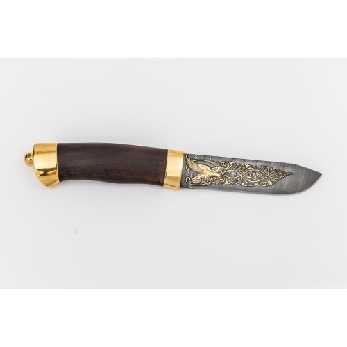 Нож «Следопыт» Н61-П,  сталь У10А-7ХНМ, рукоять: золото, стабилизированная береза, резная гарда, рисованный клинок в золоте
