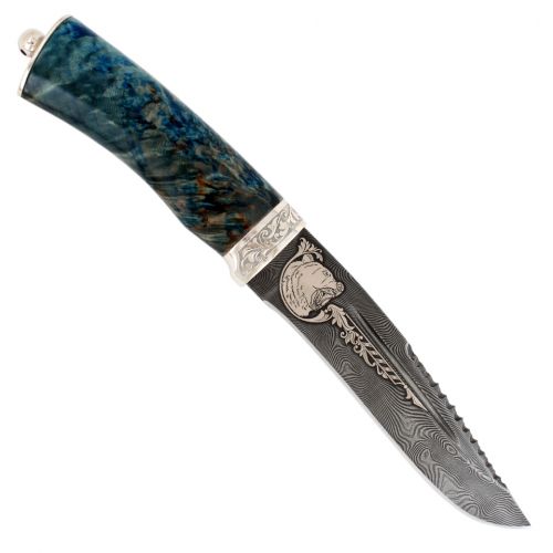 Нож «Каскадёр»  Н64, сталь: черный дамаск (У10А-7ХНМ), гарда: никель, рукоять: береза синезеленая