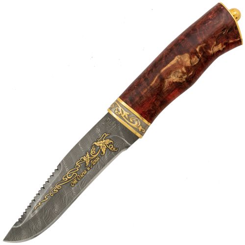 Нож «Каскадёр» Н64-П, сталь черный дамаск (У10А-7ХНМ), рукоять: золото, стабилизированная береза, резная гарда, рисованный клинок в золоте