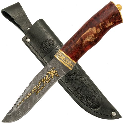 Нож «Каскадёр» Н64-П, сталь черный дамаск (У10А-7ХНМ), рукоять: золото, стабилизированная береза, резная гарда, рисованный клинок в золоте