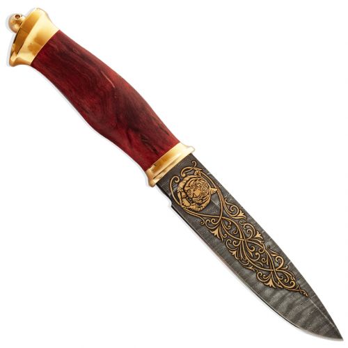 Нож «Казак» Н79-П, сталь У10А-7ХНМ, рукоять: золото, стабилизированная карельская береза (красная), рисованный клинок в золоте