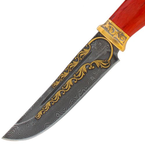 Нож «Кабальеро» Н90-П, сталь черный дамаск (У10А-7ХНМ), рукоять: золото, стабилизированная береза, резная гарда, рисованный клинок в золоте