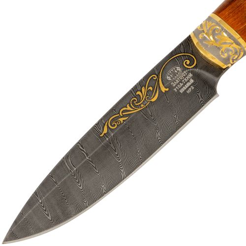 Нож охотничий, туристический «Милорд» НР3-П, сталь У10А-7ХНМ, рисованный клинок в золоте рукоять: стабилизированная береза