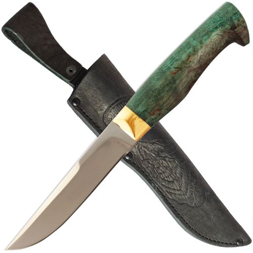 Нож «Полярник» НР2-П, сталь ЭИ-107, рукоять: золото, стабилизированная карельская береза (зеленая), рисованный клинок в золоте
