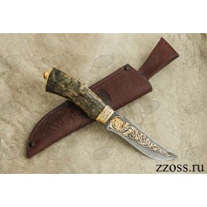 Нож «Башкорт» Н27-П, сталь черный дамаск (У10А-7ХНМ), рукоять: золото, стабилизированная береза, резная гарда, рисованный клинок в золоте
