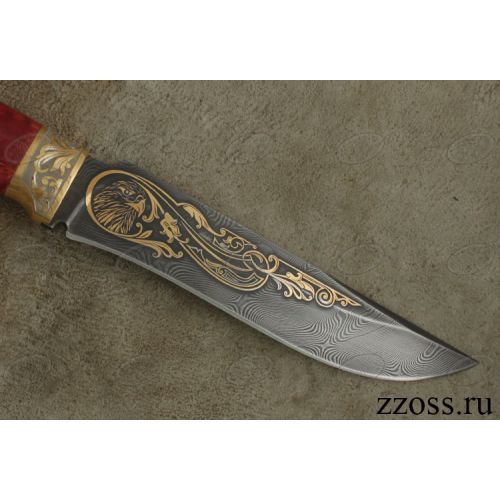 Нож «Турецкий гамбит» Н2-П, сталь черный дамаск (У10А-7ХНМ), рукоять: золото, стабилизированная береза, резная гарда, рисованный клинок в золоте