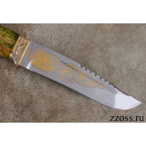 Нож «Каскадёр» Н64-П, сталь ЭИ-107, рукоять: золото, стабилизированная береза, резная гарда, рисованный клинок в золоте