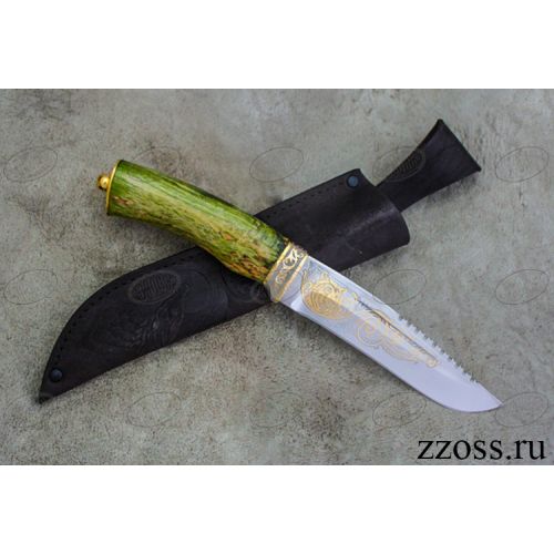 Нож «Каскадёр» Н64-П, сталь ЭИ-107, рукоять: золото, стабилизированная береза, резная гарда, рисованный клинок в золоте