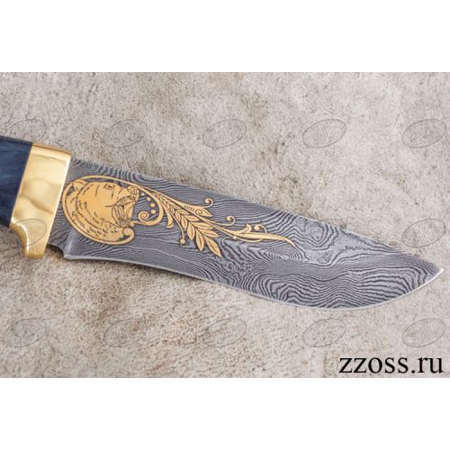 Нож «Император тайги» Н6-Л, сталь нержавеющий дамаск (40Х13-Х12МФ1), рукоять: золото, стабилизированная береза, литьё, рисованный клинок в золоте